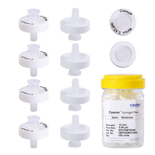 COBETTER 100 Pack Syringe Filter Nylon Lab Filters 0.45μm Pore Size 13mm Diameter Hydrophilic Filtration Non-sterile, White