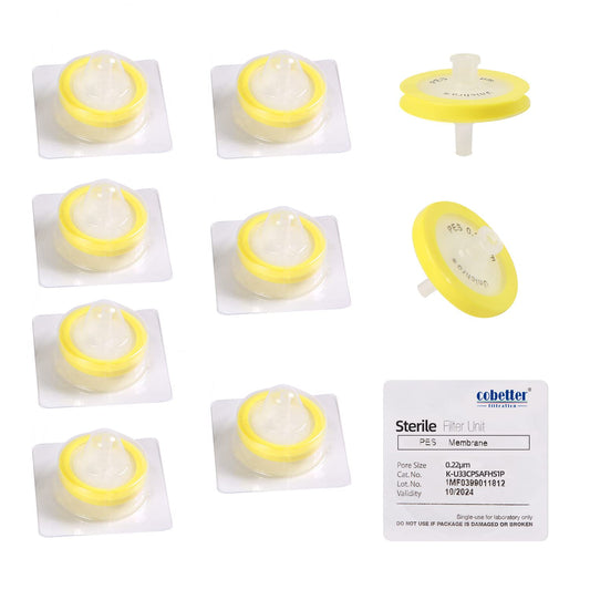 COBETTER 10 Pack Syringe Filter PES Hydrophilic Filtration Sterile Lab Filters 0.22μm Pore Size 33mm Membrane Diameter Individually Packed, Yellow